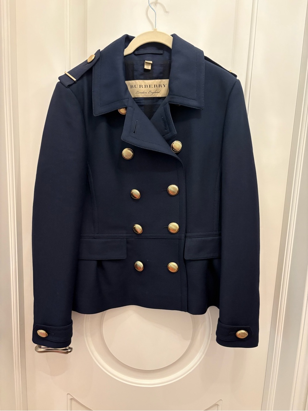 Burberry Navy Double-Breasted Pea Coat with Gold Buttons